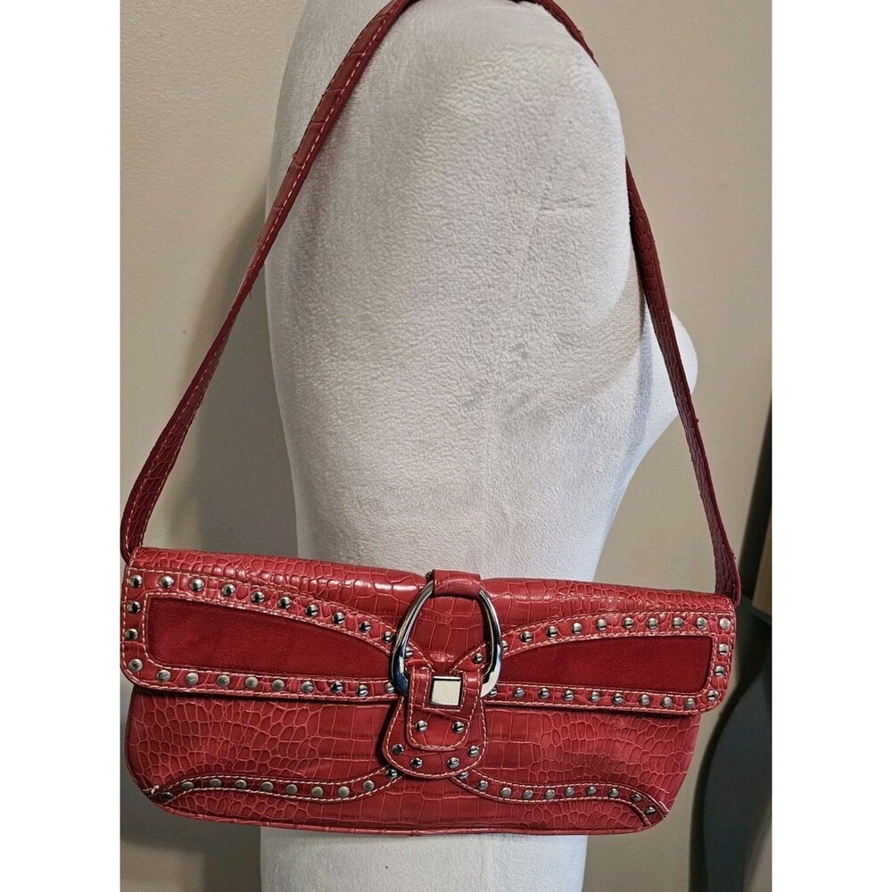 Nine West Vintage Red Faux Crocodile Shoulder Bag Studded Y2K Punk Grunge Purse - Picture 2 of 10